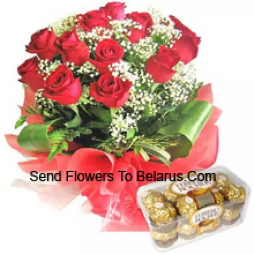 Bunch Of 11 Red Roses With Seasonal Fillers Along With 16 Pcs Ferrero Rochers