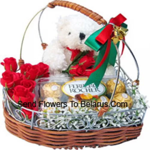 A Beautiful Basket Made Up Of Roses, 16 Pcs Ferrero Rochers And A Cute White Teddy Bear