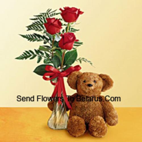 3 Rode Rozen met 12 Inch Teddy