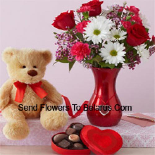 Rosas y Gerberas con Lindo Oso de Peluche y Chocolates