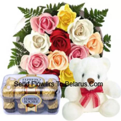 Bunch Of 11 Red Roses With Seasonal Fillers, A Cute 12 Inches Tall White Teddy Bear And A Box Of 16 Pcs Ferrero Rochers