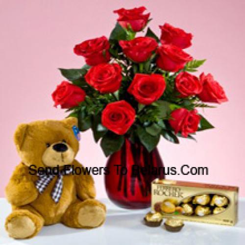 11 Rote Rosen mit 12 Zoll Teddy und Ferrero Rochers