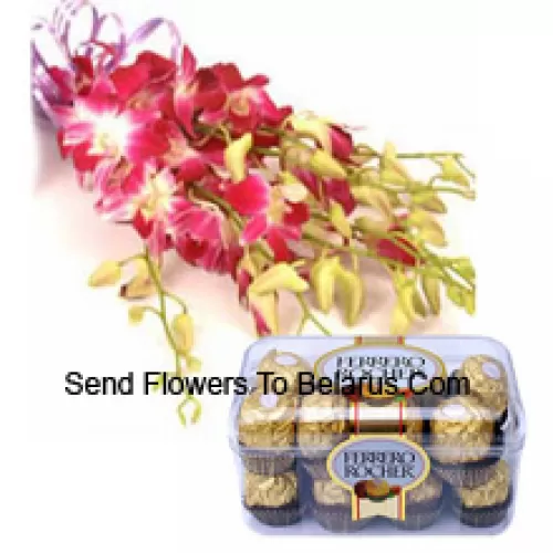 Bunch Of Pink Orchids With Seasonal Fillers Along With 16 Pcs Ferrero Rochers