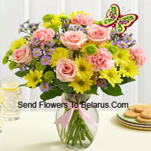 Pink Roses, Pink Carnations And Yellow Gerberas With Seasonal Fillers In A Glass Vase -- 25 Stems And Fillers