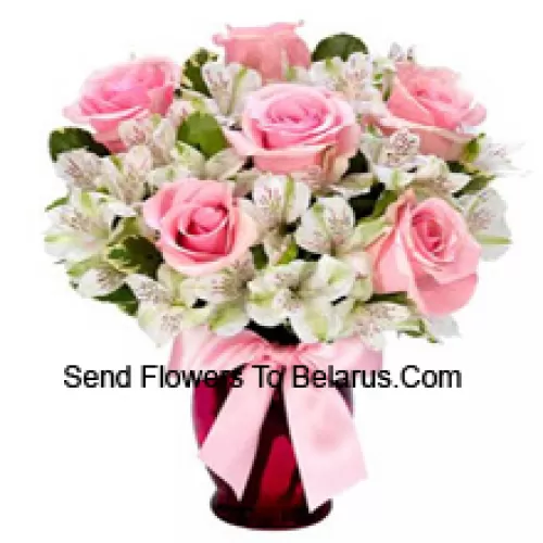 Pink Roses And White Alstroemeria Arrannged Beautifully In A Glass Vase