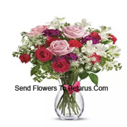 Red Roses, Pink Roses, Red Carnations And Other Assorted Flowers With Fillers In A Glass Vase -- 25 Stems And Fillers