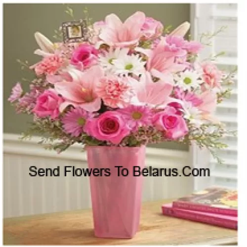 Pink Roses, Pink Carnations, Pink Gerberas, White Gerberas And Pink Lilies With Seasonal Fillers In A Glass Vase