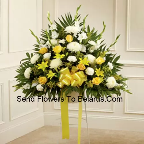 A Beautiful Sympathy Flower Arrangement That Comes With A Stand