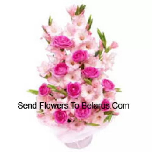 Basket Of Pink Roses And Gladiolus