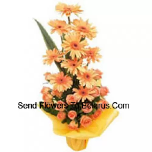 Basket Of Orange Gerberas and Orange Roses