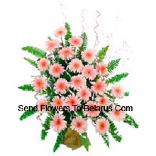 Basket Of 25 Pink Colored Gerberas