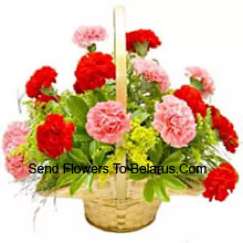 Basket Of 6 Pink And 7 Red Carnations