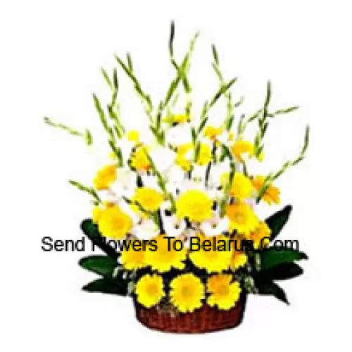 Basket Of Seasonal Flowers And Yellow Gerberas