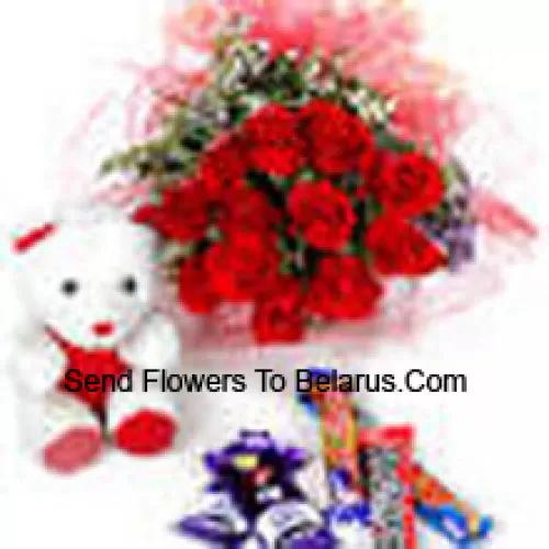 Bouquet de 11 roses rouges avec chocolats assortis et un ours en peluche mignon