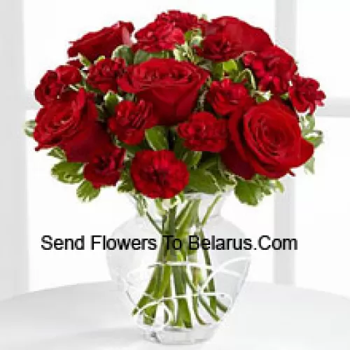 9 Red Roses And 8 Red Carnations In A Glass Vase