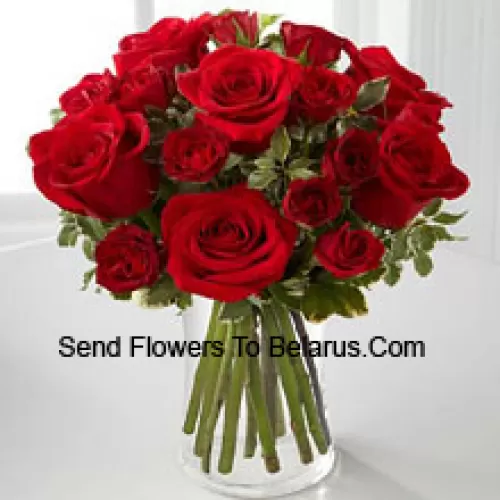 19 Red Roses With Some Ferns In A Vase