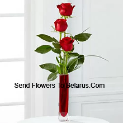 Trois roses rouges dans un vase en tube à essai rouge (Nous nous réservons le droit de substituer le vase en cas de non disponibilité. Stock limité)