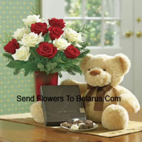 7 Red And 6 White Roses With Some Ferns In A Vase, A Cute Light Brown 10 Inches Teddy Bear And A Box Of Chocolates