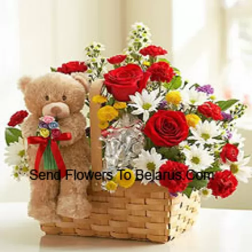 Basket Of Assorted Flowers And A Cute Brown 6 Inches Teddy Bear