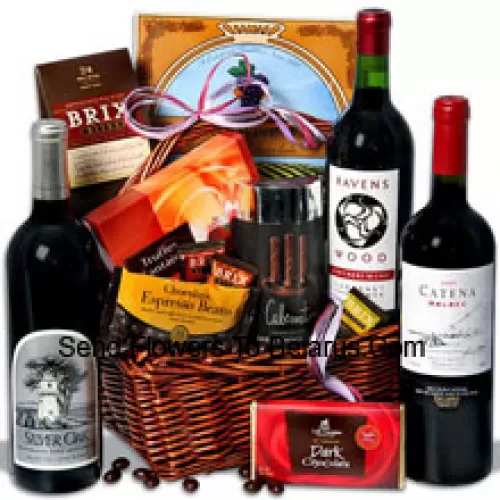 This Exclusive Gift Basket Includes Ravenswood Cabernet Sauvignon – 750 ml, Catena Malbec Mendoza – 750 ml, Silver Oak Alexander Valley Cabernet Sauvignon – 750ml, Signature Dark Chocolate Bar By Lake Champlain, Dark Chocolate Espresso Beans By Marich, Chocolatier Truffles Fantaisie by Guyaux Chocolates, Mocha Chocolate California Wine Wafer by Sacramento Cookie Co, Cabernet Flavored Dark Chocolate Gel Sticks by Sweet Candy Co and Brix Bites by Brix. (Contents of basket including wine may vary by season and delivery location. In case of unavailability of a certain product we will substitute the same with a product of equal or higher value)