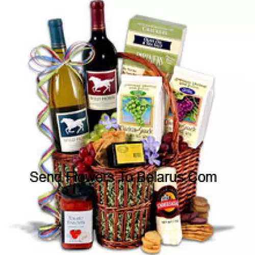 Esta canasta de regalo incluye Wild Horse - Cabernet Sauvignon - 750ml, Wild Horse - Chardonnay - 750ml, Hors Doeuvre Deli Style Crackers de Partners, Queso ahumado de Hickory & Maple de Sugarbush Farm, Salchichón veraniego envuelto por Sparrer Sausage Co, Bruschetta de tomate de Elki, Galleta de vino tinto de American Vintage y Galleta de vino blanco de American Vintage. (El contenido de la canasta, incluyendo el vino, puede variar según la temporada y la ubicación de entrega. En caso de no disponibilidad de cierto producto, lo sustituiremos por uno de igual o mayor valor)