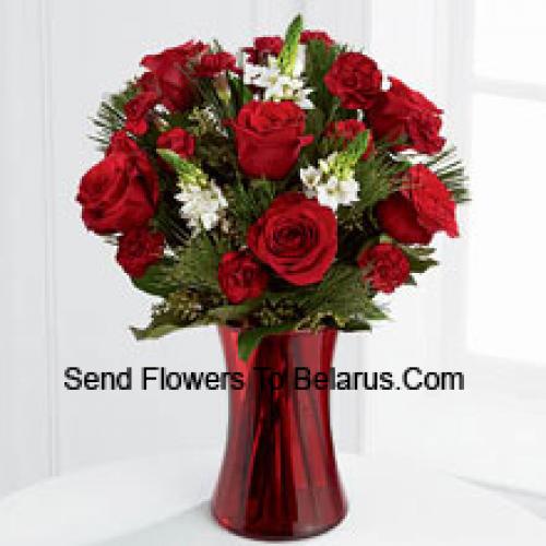 Roses and Assorted Greenery in Red Vase