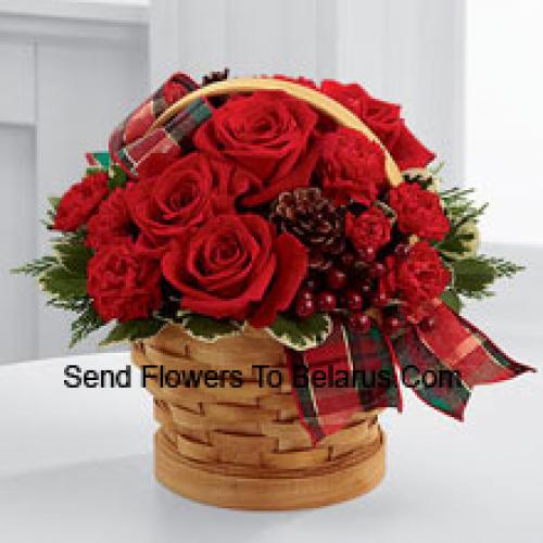 Wooden Basket of Roses and Carnations with Assorted Flowers